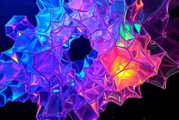 picture of create A hypnotic loop of colored translucent 3D complex structures evolving and morphing, fluid geometry shifting between organic and geometric forms, iridescent glass material with internal glow,instances must have random translucent matrial smooth camera orbit, galaxy background, seamless motion, cinematic lighting, generative art style, 4k.do with geo nodes zoom out to show whole image
