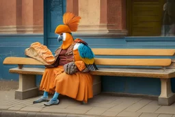 Half parrot half human in a 1700s Orange Dutch uniform siting on a bench in a Dutch city eating a loaf of bread