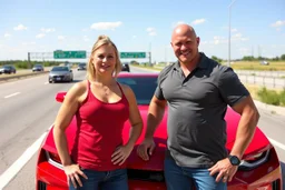 make a pic with bald bodybuilder Knut Spildrejorde from Norway and his wife Jeanette, they are standing front of his new red car Chevrolet Camaro, very busy highway in sunny Texas in the background