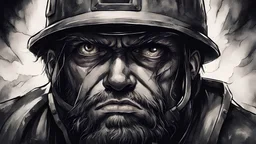 (masterpiece), best quality, expressive eyes, miner, inside mine, eyes close up, fear in eyes, adult men, 40 years man, extreme quality, dark horror art style, horror style, dark art style, Miner inside the mine, look of fear, wearing miner helmet, strong man, strong muscular face, drawing, anime art style