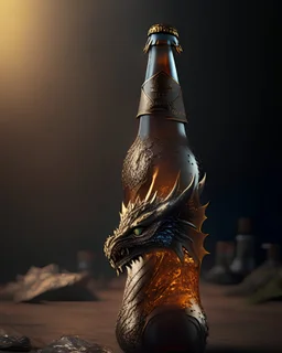 Photoreal gorgeous dragon-shaped beer bottle by lee jeffries, 8k, high detail, smooth render, unreal engine 5, cinema 4d, HDR, dust effect, vivid colors