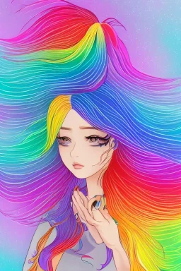 isometric clean art of super beautiful lady, soft lighting, soft pastel gradients, shin hanga high definition, blender 3d, beautiful, long hair, rainbow hair, rainbow dress, slitted eyes, pointed ears, volumetric photorealistic rainbow gouache background