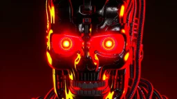 4K, ultra detail, full realism, portrait terminator logo, full face, flames in the background