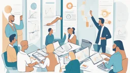 An image that conveys achieving success and skill development. The image depicts a group of individuals gathered in an inspiring teamwork session. They appear engaged in discussion and constructive exchange of ideas. In the background, a screen displays a chart or a conceptual map indicating various goals and pathways. Everyone appears enthusiastic and dedicated to collaborative work and continuous learning. The image reflects collaboration and a focus on achieving success through skill develop