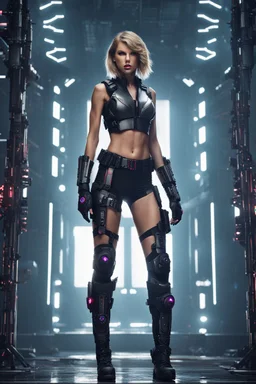 Full body image of a army cyberpunk cyborg beautiful Taylor Swift,good body,lighting background