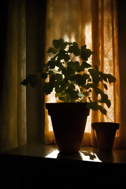 a photo of a plant pot showing behind a curtain, caustics shadows reflected on them, polygon shape shadows on them, an example of saul leiter's work, sun - rays beams, projection mapping, their surface covered with shadows reflected from polygon lace curtains.