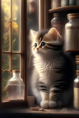 cute kitten in window in an apothecary. HD. High quality