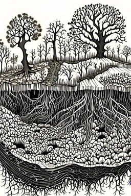 Cross section of ground showing root system, with tiny creatures living among them, pen and ink drawing, ultra fine point pen, sharp lines, sharp contrast, whimsical style