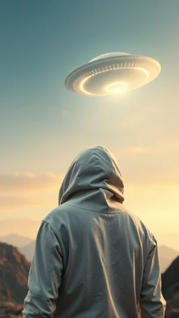 The creature from the the movie Prometheus with white hooded clothes looking at ufo in the sky