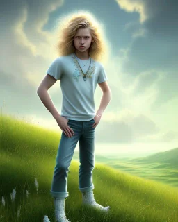 full length photograph of a beautiful 12 year old boy with long, blonde curly hair and light blue eyes, smiling, standing on a green hill in summer, highly detailed, smooth, photorealistic, digital art, HDR