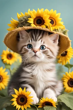 cute kitten in a sunflower hat on his head,lots of details,hyperdetalization,8k,16k, styling,poster