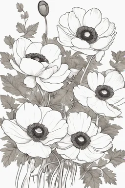 outline art ofJapanese anemones only black and white, no colour , White background. sketch style, clean line art, white background, no shadow and clear, no people, no colour, for book