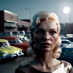 Ultra Realistic retro sci-fi, Supermarket parking scene, 1960 year, blonde woman, sweet Kate moss face, lights eyes, face makeup, tight latex coat; many panic people, Retro sci-fi style, soft color, highly detailed, unreal engine 5, ray tracing, RTX, lumen lighting, ultra detail, volumetric lighting, 3d, finely drawn, high definition, high resolution.