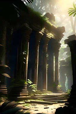 Create an environment design of ancient ruins, such as a Mayan temple or a Roman amphitheater, set in a dense jungle or forest. The climate is warm and humid, with the sounds of wildlife all around. The time of day is late afternoon, with the sun shining through the trees and casting shadows on the crumbling stone structures. The mood is mysterious and historic. Key highlights include the intricate details of the ruins, such as the carvings on the walls and the mosaics on the floors, as well as