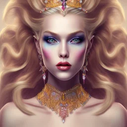 a princess with a lot of jewellery, long blonde hair, gold lipstick, blue eyes,with feather dramatic, dramatic lighting, pixar style, volumetric lighting, hyperrealism, 8k, high quality, photorealistic, lot of details