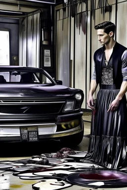 "prompt": "A dark, moody, surreal scene of a rugged auto mechanic at a decadent high tea. Instead of workwear, he now wears a flowing, high-fashion silk gown — glossy black with crimson undertones, draped dramatically yet smeared with streaks of oil and dust. BALL gown clings to his BUFF muscular frame while long folds cascade onto the cracked marble floor. He sits at a grand, candlelit tea table covered in black velvet, where tarnished silver trays hold eerie pastries, shattered porcelain cups