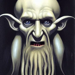 Nosferatu with four yellow eyes with fleshy tentacle beard grey skin and vampire fangs as a Russian Orthodox