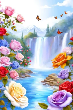 Trés belles roses, rainbows, beautiful colors gardens , flowers, cascades,Birds, butterfly