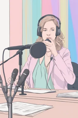 The simultaneous interpreter is sitting at a table with headphones with a microphone at a foreign briefing, the background is blurred, everything is in pastel colors, the hands are drawn with precision.