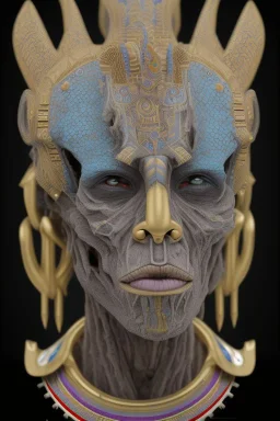 Aztec male African Egyptian alien, cracks in the voodoo head, wicked, eyes, crown, Elephant, 8k, finely detailed, photo realistic, tiger turquoise skull head gold dragon space alien snow skeleton gold hornytoad silver crown silver eyes