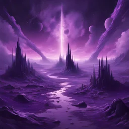 This realm of Oblivion bathed in a purple sky Stars splattered like flecks of paint, in futurism art style