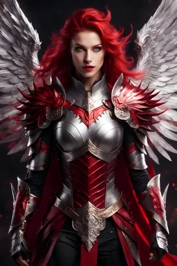 Beautiful Woman dressing silver and crimson knight armor with glowing red eyes, and a ghostly red flowing cape, crimson trim flows throughout the armor, black and red spikes erupt from the shoulder pads, crimson and gold angel wings, crimson hair, spikes erupting from the shoulder pads and gauntlets