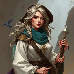 a pretty middle-aged woman, fantasy, traveller, sorceress, digital art, stylised