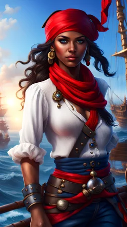 Female Pirate with dark hair, beautiful face, brown skin, smooth skin, full red bandana, Blue Eyes, White Shirt, Blue adornments, Red Scarf, Magic Glowing Orb, Full Body, Ocean Background, Pirate Ship Background, High Detail, 4k, photorealistic