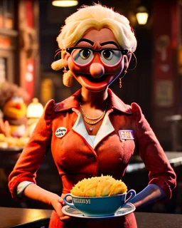 waitress woman with Sesame Street muppet mask-head, concept art, retro style, smooth, unreal engine 5, god lights, ray tracing, RTX, lumen lighting, ultra detail, volumetric lighting, 3d.