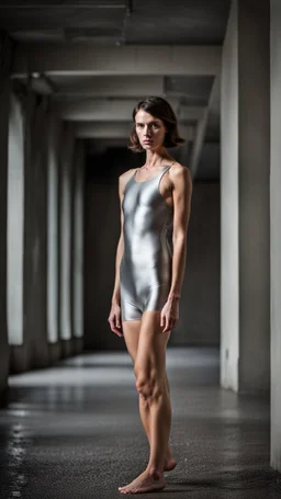 beautiful anorexic woman, total shot, short silver triathlon swimsuit, short brunette wavy bob hair, blurred concrete background