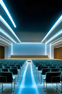auditorio con pendiente de escuela rectangular pequeño con escenario, con iluminacion blanca de tubos fluorescentes lineales rectangulares, sobre los asientos. decoracion simple de colores claros
