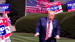 man in drag screaming on phone with trump 2024 campaign signs all over lawn