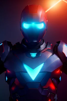 neon blue, floating triangle of light orbiting behind the back, cyber armor, geometric patterns on armor, male, orbiting triangle