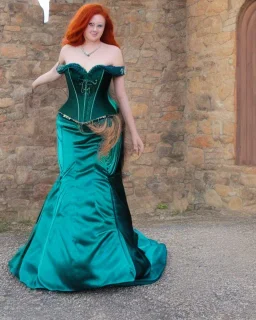 princess with long auburn hair in a big teal green and gold satin ballgown corset off shoulder top in a castle