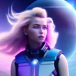 A portrait of a crystalline girl,smiling, longs blond hairs, galactic dress, atmospheric, realistic, cinematic lighting, octane render, purple and blue sky, nebula, stars, planets in background, spaceship in background