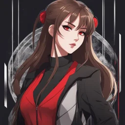 A portrait headshot of a confident looking young woman with pale skin, red eyes, and long brown hair pulled into a ponytail in a dark modern setting with intricate details. She is wearing black and red casual clothes, an air of malevolent power surrounds her. sketchy Anime style.