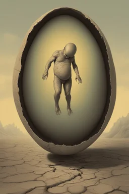 a haunting image of an embryonic human emerging from a cracked egg