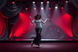 modern stage with gray-dark red theme artistic decoration , color full dynamic lighting, a beautiful lady in pants and blouse with shining silver jewels dancing, 3D recursive fractal structure animating background