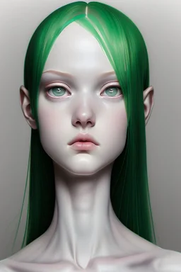 full length colour drawing, portrait, 22-year old friendly slender female human cleric, shaved head, light eyebrows, grey eyes, wearing white (10%) and dark green (80%)