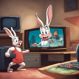 bugs bunny watching a tv about a video game with a pig