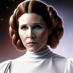 extremely detailed 8k hyperspace wallpaper,complete and photo realistic detailed head to waist stunning photo realistic portrait of carrie fisher as Princess Leia in star wars with photo realistic fine, simple and symetric haircut, brown eyes, professional majestic photo realistic painting by Ed Blinkey, Atey Ghailan, by Jeremy Mann, Greg Manchess, Antonio Moro, trending on ArtStation, Intricate, High Detail, Sharp focus, dramatic, by greg rutkowski, realism, beautiful and detailed lighting,