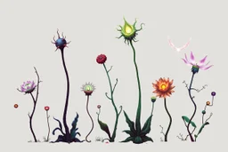 Isolated concept art of alien plants on a plain neutral background. Strange fictional extraterrestrial flora with unusual shapes, glowing details, thorns, spines, tendrils, and exotic flowers. Each plant designed with unique silhouette and fantasy colors, digital painting style, detailed textures, science fiction botanical illustration, no background, no landscape.