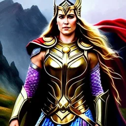 ultra detailed fullbody Portrait in oil on canvas of beautiful busty Sif wife of thor Riding a Horse ,wearing Asgardian armor,extremely detailed digital painting, intrincate, intense stare, extremely detailed face,crystal clear Big Glowing eyes, mystical colors ,perfectly centered image, perfect composition, rim light, beautiful lighting, 8k, stunning scene, raytracing, anatomically correct, in the style of robert e howard and Ken Kelley and Ohrai Noriyoshi and Simon Bisley and tomzj1