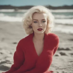 Childish marilyn monroe in a large red woollen sweater, on the beach, in the sun