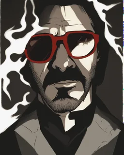 a young man with big muscles who looks like hans gruber wearing a heavy coat and red sunglasses staring with an irritated look on his face standing in front of a large fire