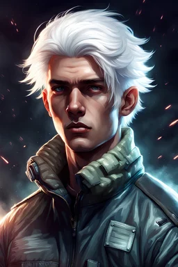 High Quality Science Fiction Character Portrait of an Young Ex Soldier with White Hair in a Bomber Jacket.