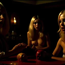 Horror movie shot, hot ail, ultra realistic, dine, they enjoy hot organs, ultra realistic hot blonde women, party, pieces of meat, organs, ail, dynamic, very excited people, hypermaximalist figures, light, 1970's Italian horror movie, sinister,, Dario Argento, Stanley Kubrik, ornate, 4k, photorealism