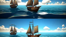 **Game UI: Boat Sailing** * **Layout:** Split screen (top 3/4: game world, bottom 1/4: controls) * **Game World:** Stylized sailboat (single mast, billowing sail), ocean environment (waves, horizon), optional obstacles. Subtle wind direction indicator. * **Controls:** * Rudder Crank Wheel (large wooden wheel) * Two ropes on sail (Mainbrace): Left rope pulls (incr