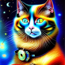 Dibujo al oleo de un gato con nubes de colores estilo Vincent van Gogh