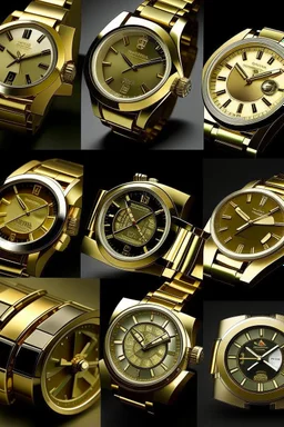 Create a series of images illustrating the evolution of men's solid gold watches, starting from classic designs to contemporary innovations, showcasing the enduring appeal of these timepieces.